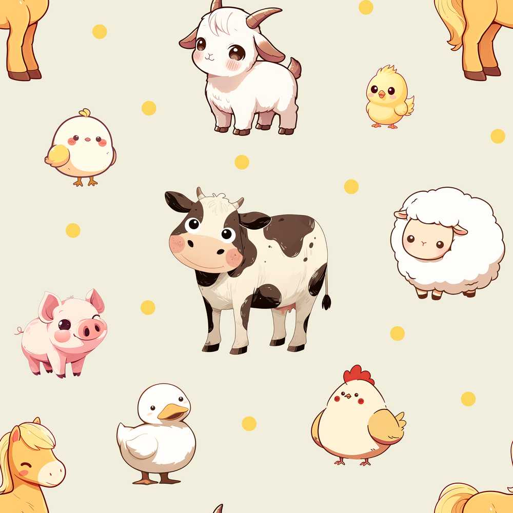 Cute Farm Animals Cream Dot Background Illustration Repeat