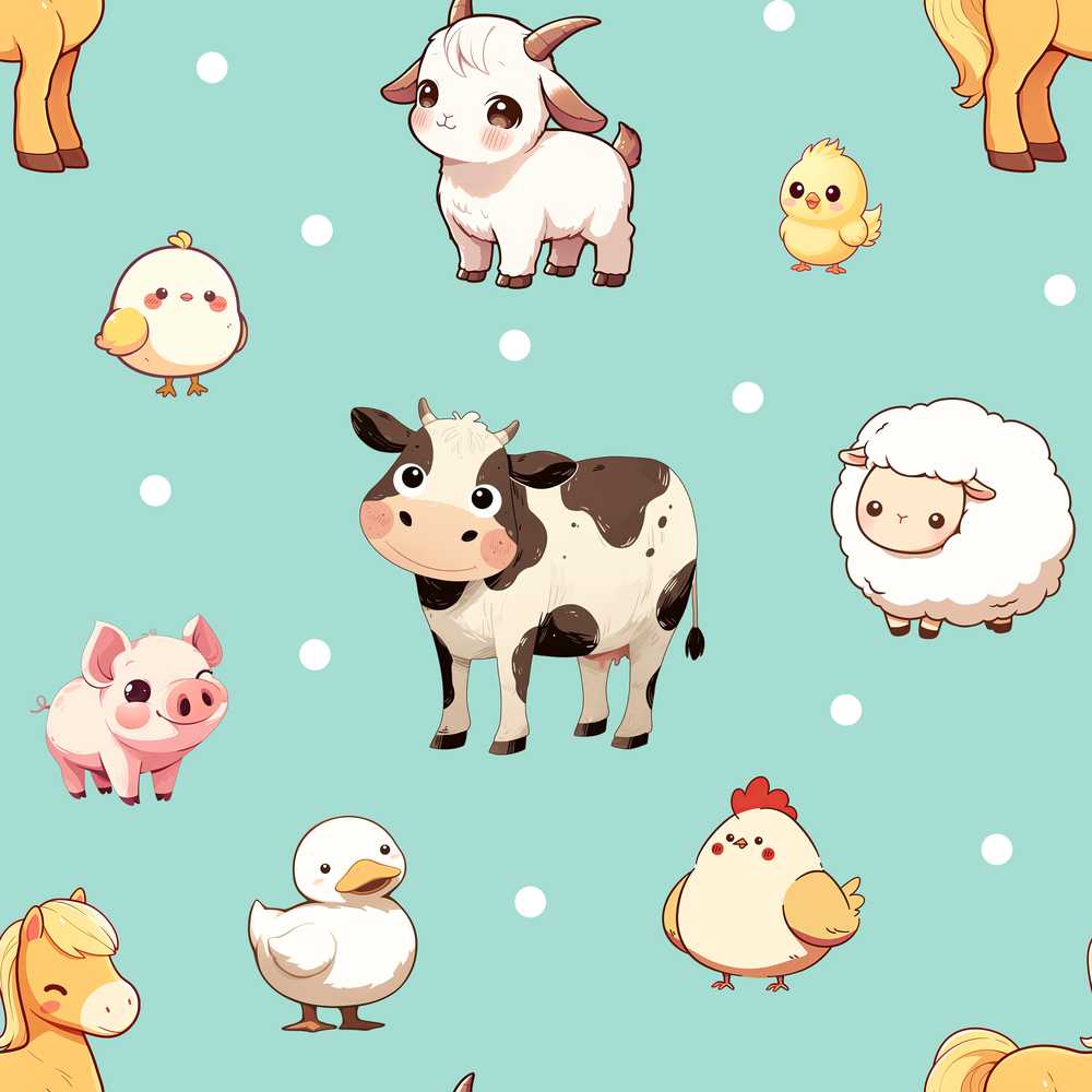 Cute Farm Animals Mint Background Illustration Repeat Pattern