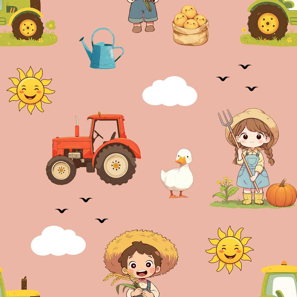 Cute Farm Tractor Duck Girl Farming Scene Peach Background