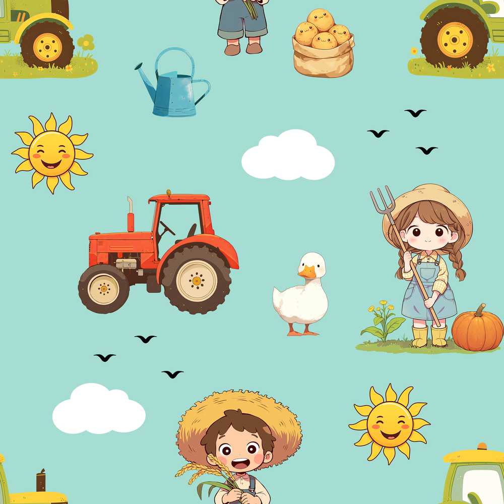 Cute Farm Tractor Duck Girl Sunny Field Teal Background