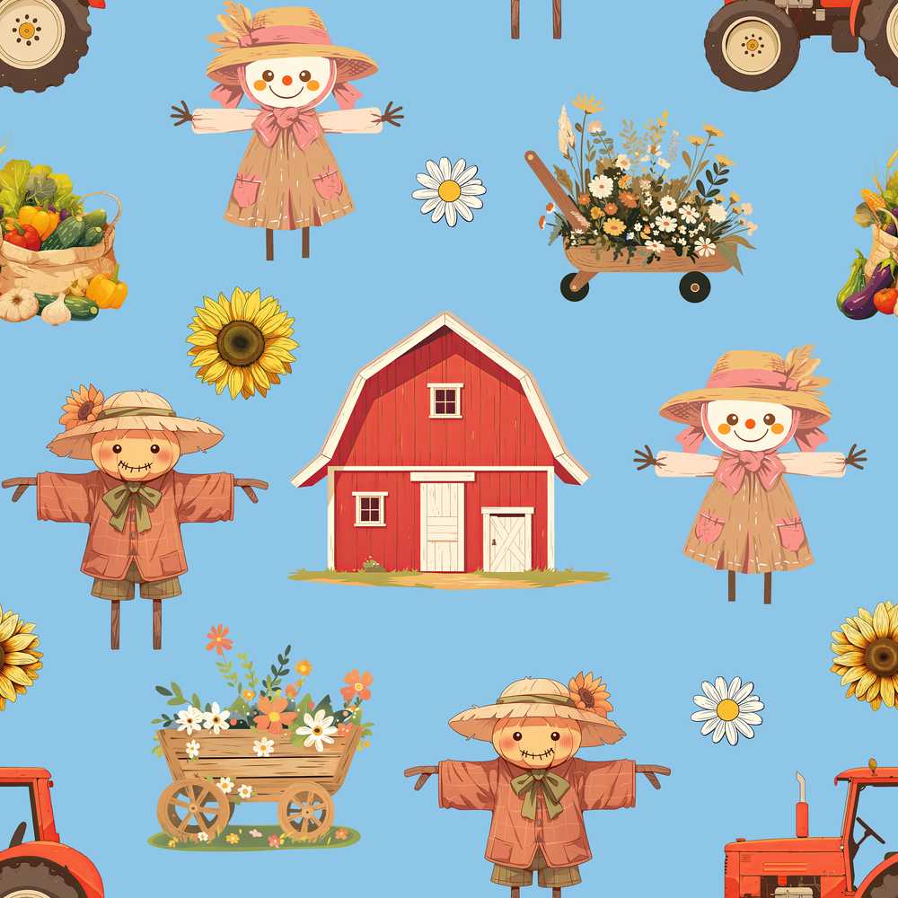 Cute Scarecrow Barn Sunflower Farm Sky Blue Background Wildflower