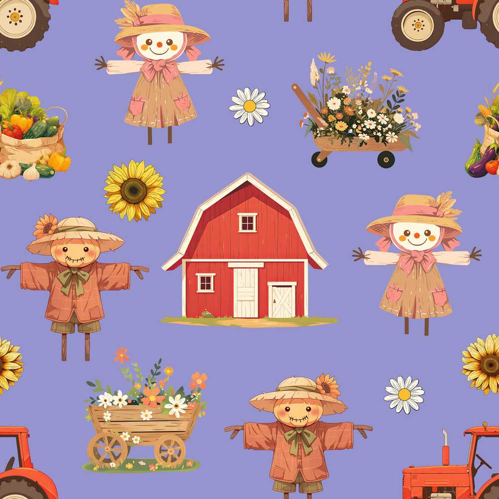 Cute Scarecrow Barn Sunflower Farm Purple Background Wildflower Pattern