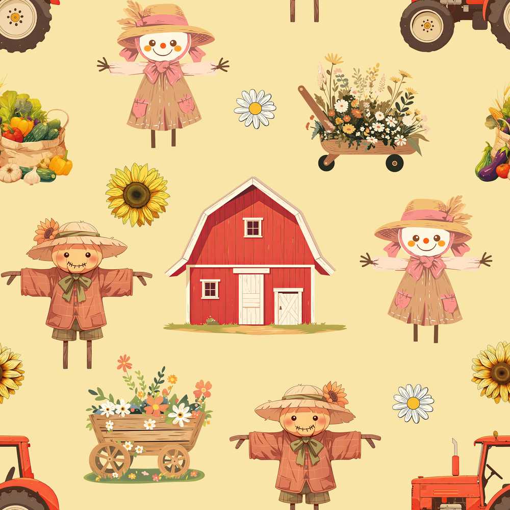Cute Scarecrow Barn Sunflower Farm Yellow Background Wildflower Pattern