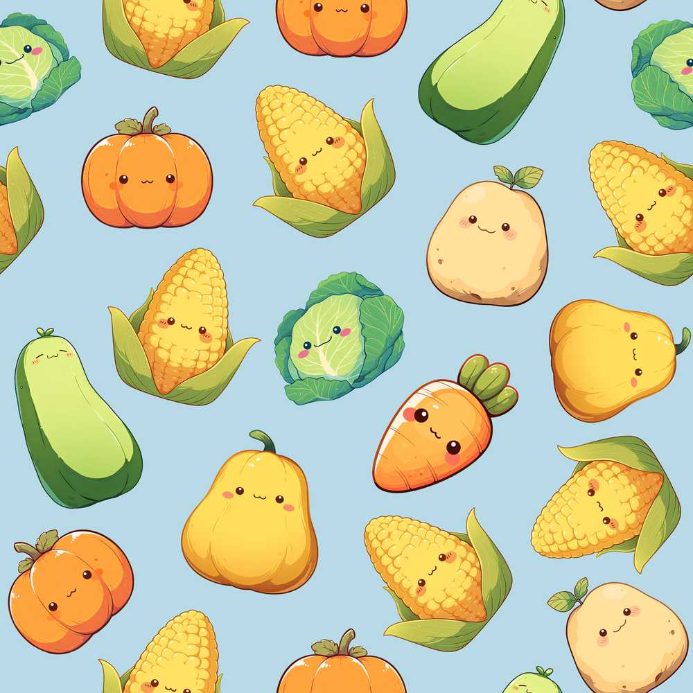 Cute Kawaii Vegetables Corn Carrot Pumpkin Blue Background