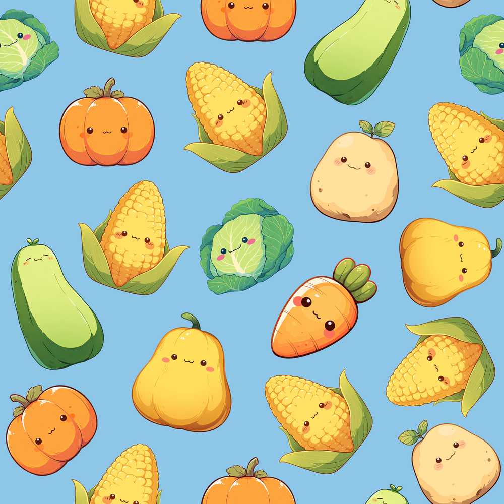 Cute Kawaii Vegetables Corn Carrot Pumpkin Sky Blue Background