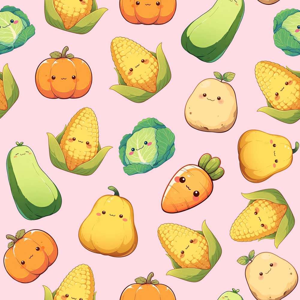 Cute Kawaii Corn Carrot Pumpkin Light Pink Background