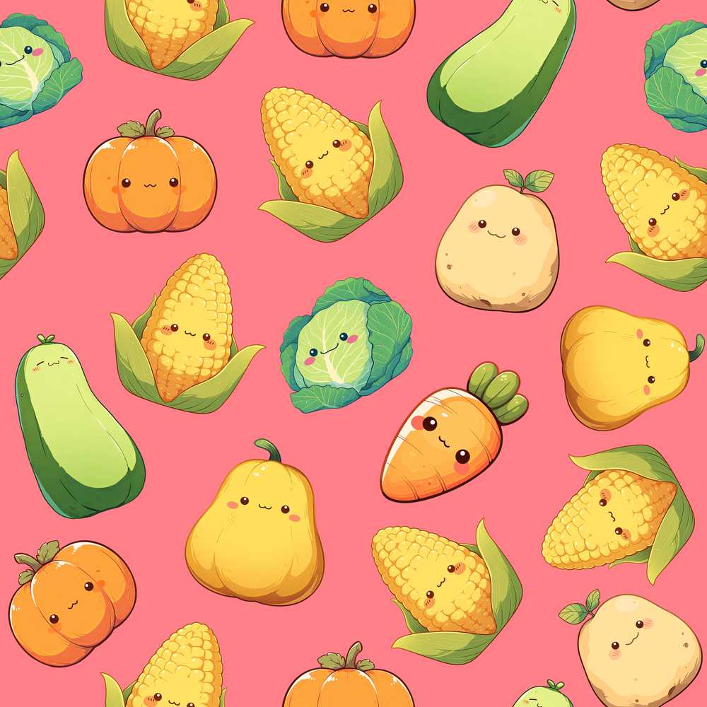 Cute Kawaii Vegetables Corn Carrot Pumpkin Coral Background