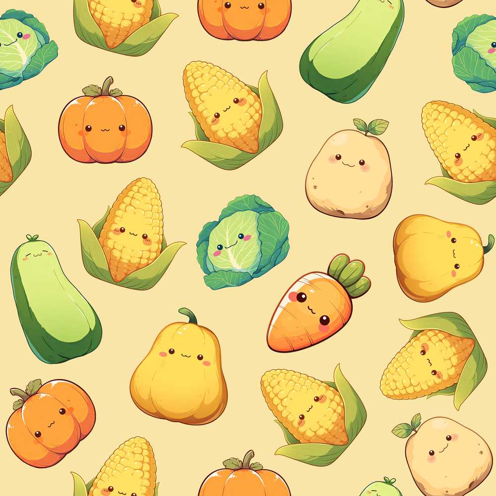 Cute Kawaii Vegetables Corn Carrot Pumpkin Beige Background
