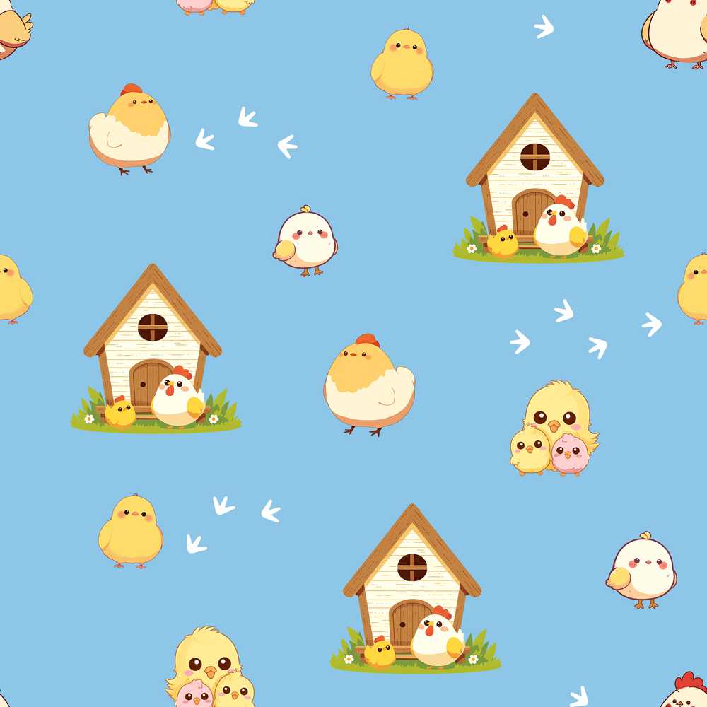 Cute Baby Chick Hen Coop Farm Blue Background