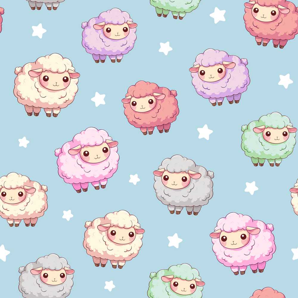 Cute Pastel Sheep Stars Blue Background Decorative Repeat