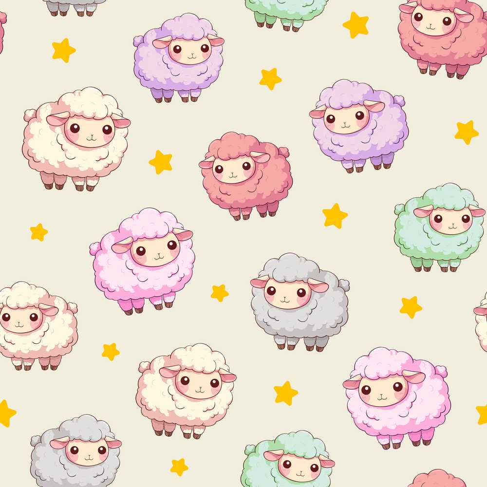 Cute Pastel Sheep Stars Cream Background Decorative Repeat