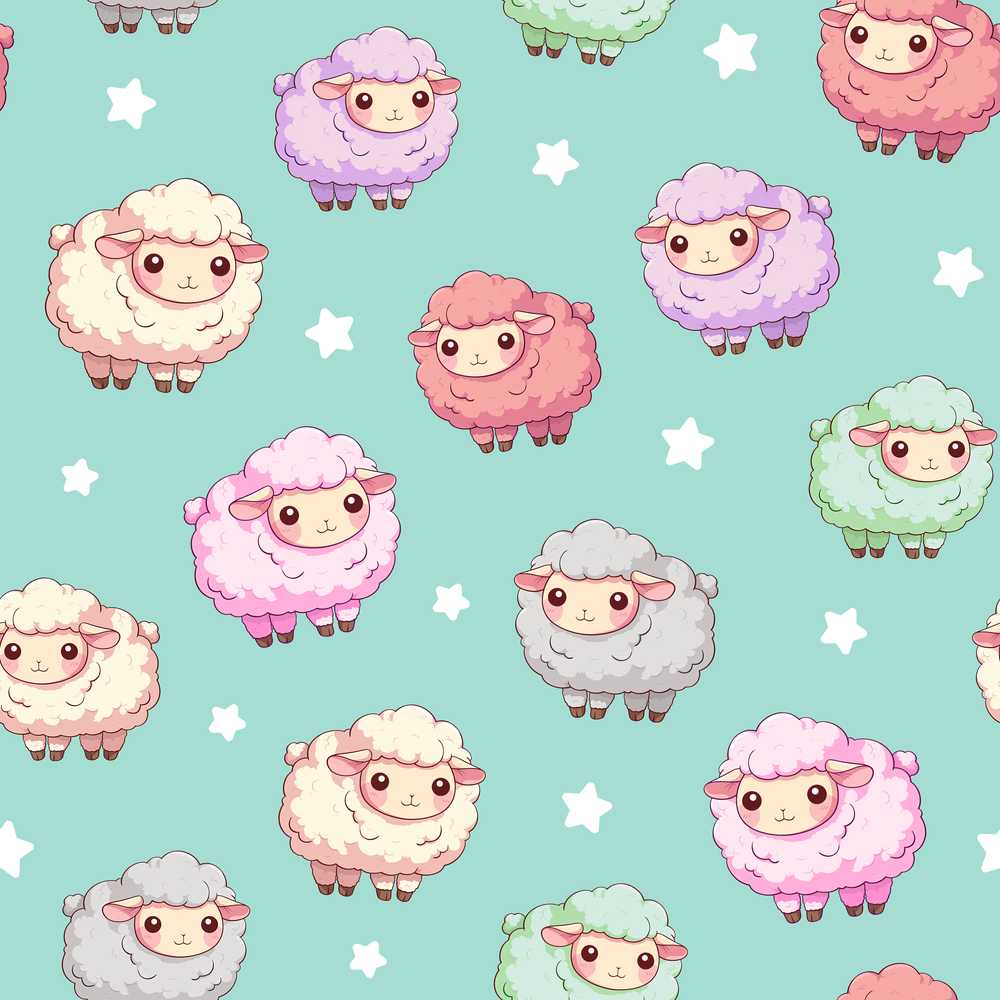 Cute Pastel Sheep Stars Mint Background Decorative Repeat