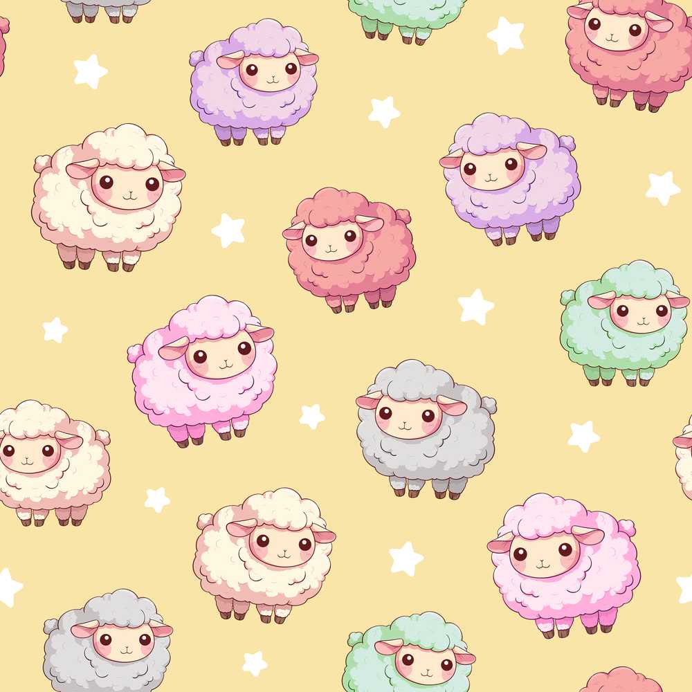 Cute Pastel Sheep Stars Yellow Background Decorative Repeat