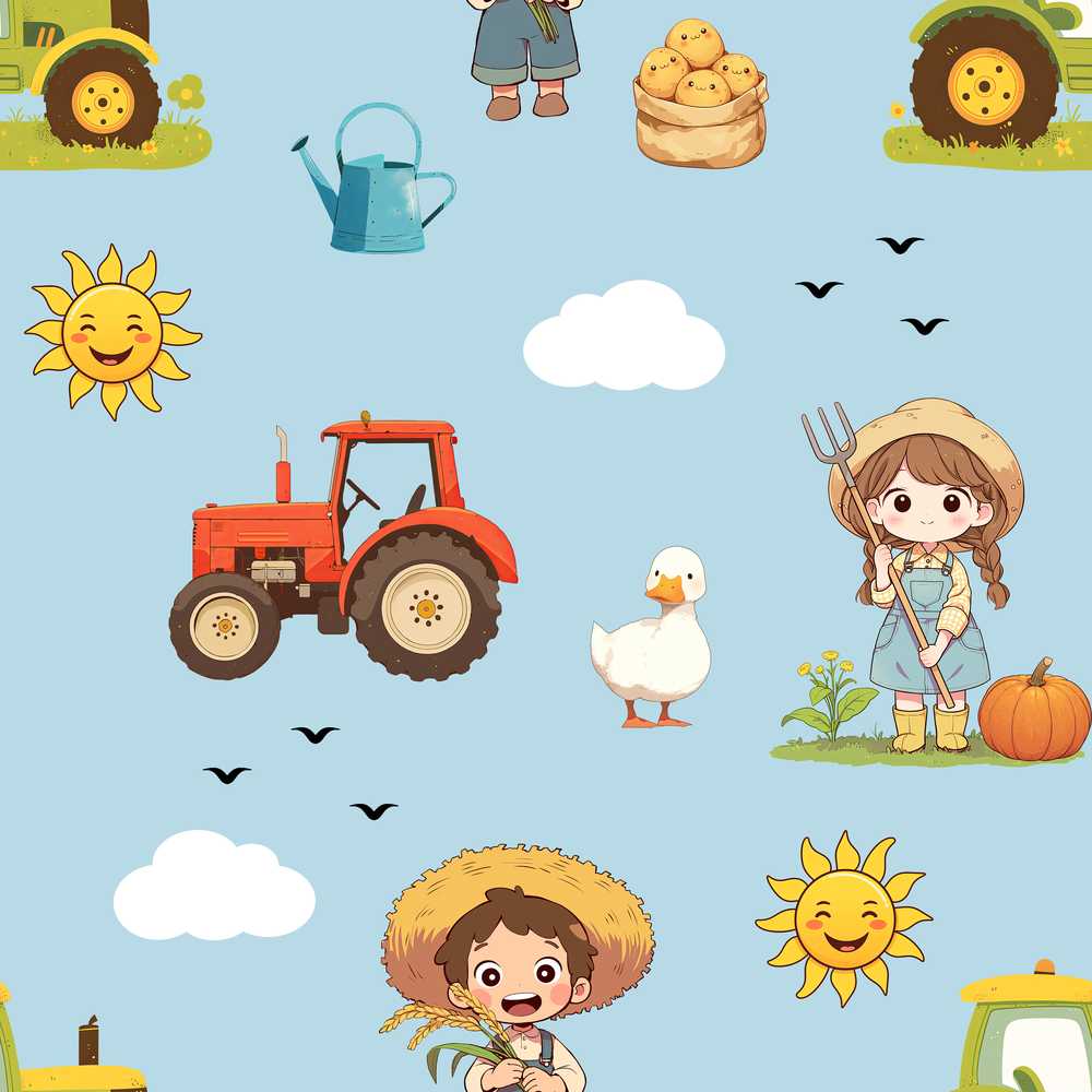 Cute Farm Tractor Farmer Duck Sun Cloud Decorative
