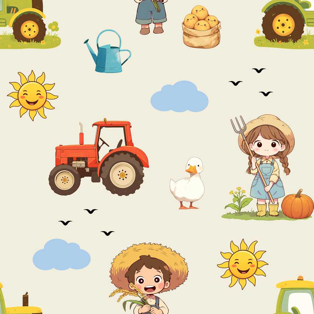 Cute Farm Tractor Farmer Duck Clouds Cream Decorative