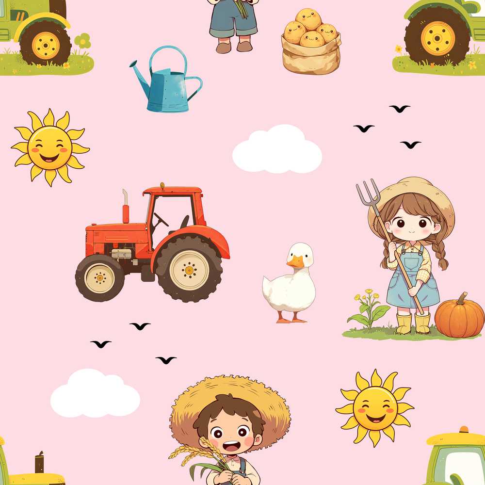Cute Farm Tractor Farmer Duck Sun Clouds Pink
