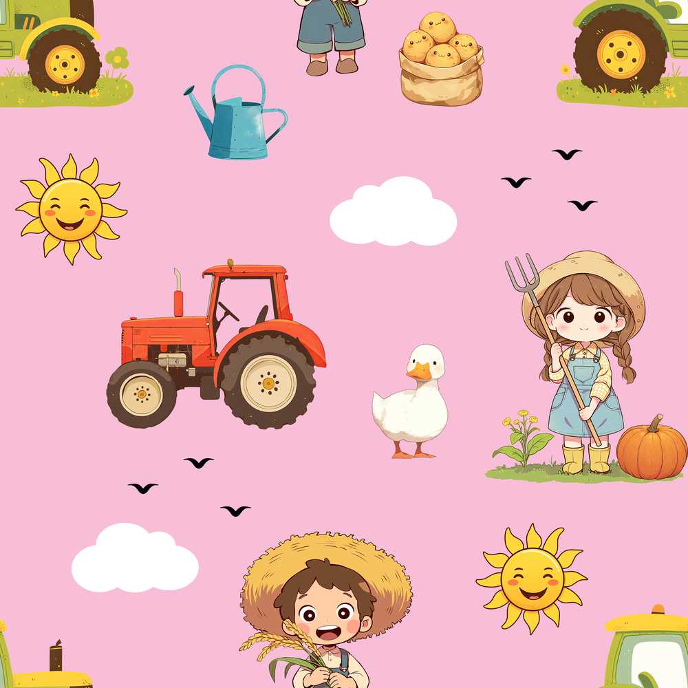 Cute Farm Tractor Farmer Duck Sun Clouds Rose Wildflower