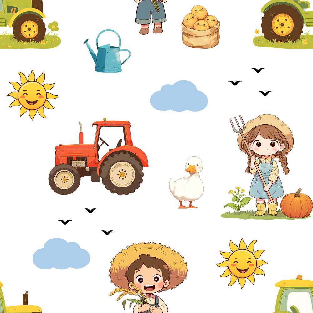 Cute Farm Tractor Farmer Duck Clouds Grey Decorative