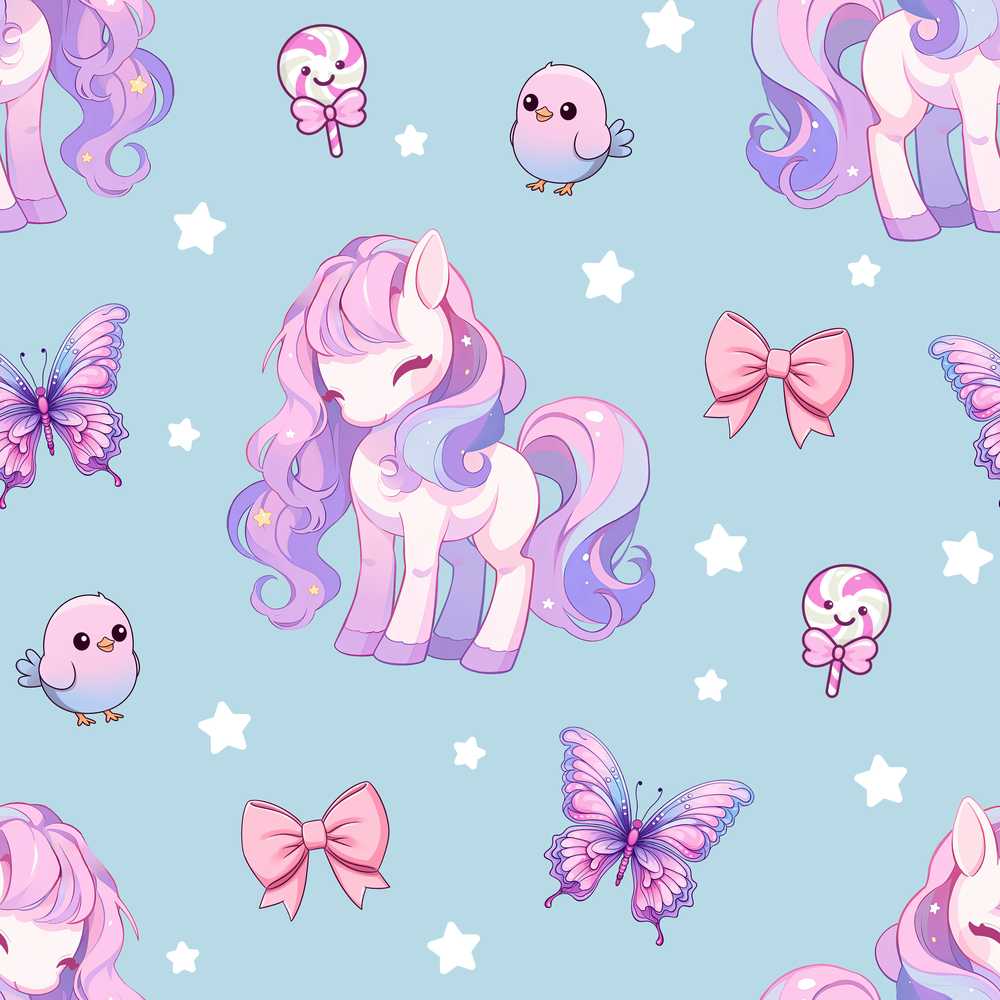 Cute Unicorn Pastel Stars Birds Bows Candy Blue