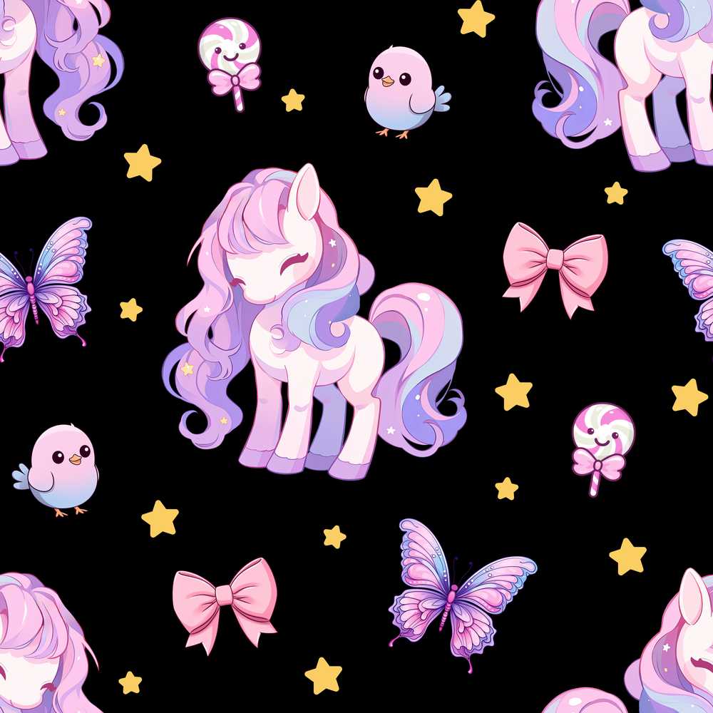 Cute Unicorn Pastel Stars Birds Bows Candy Black