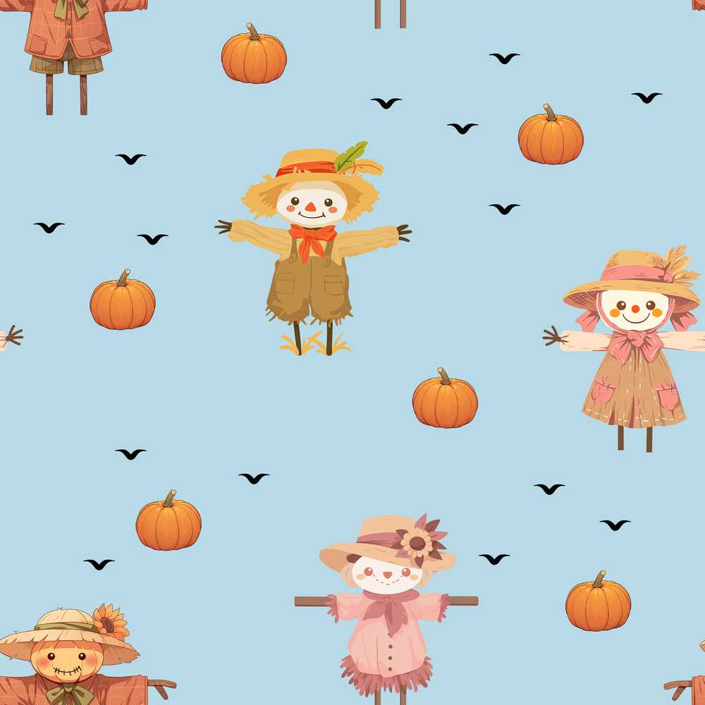 Cute Autumn Scarecrow Pumpkins Birds Blue Decorative Repeat
