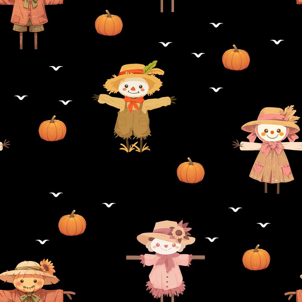 Cute Autumn Scarecrow Pumpkins Birds Black Decorative Repeat