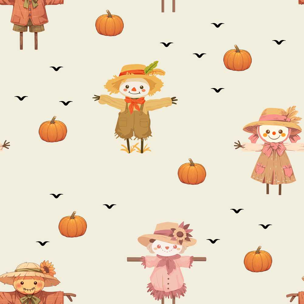Cute Autumn Scarecrow Pumpkins Birds Cream Decorative Repeat