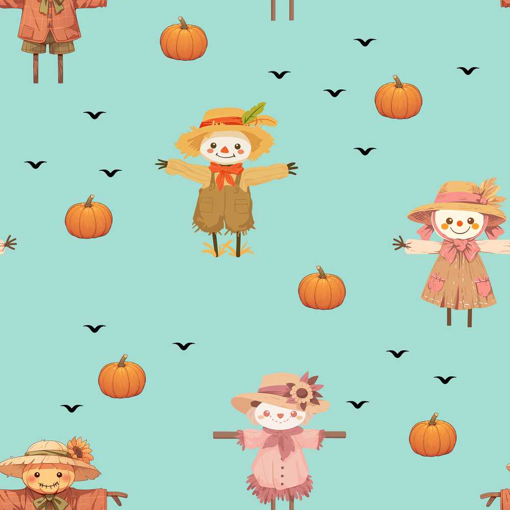 Cute Autumn Scarecrow Pumpkins Flying Birds Teal Decorative