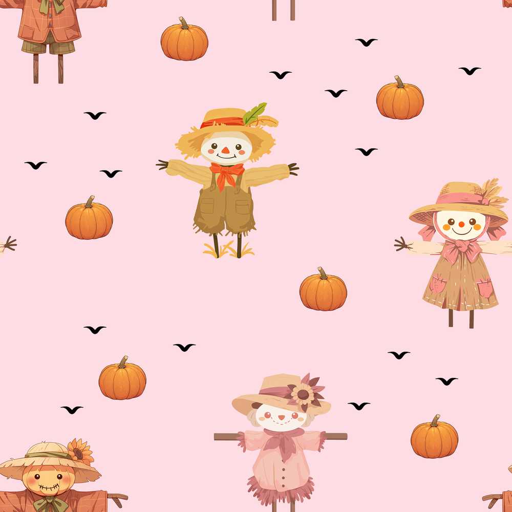 Cute Autumn Scarecrow Pumpkins Flying Birds Blush Decorative