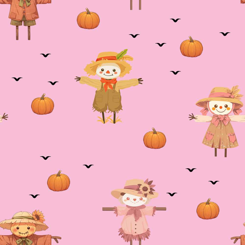Cute Autumn Scarecrow Pumpkins Flying Birds Pink Decorative