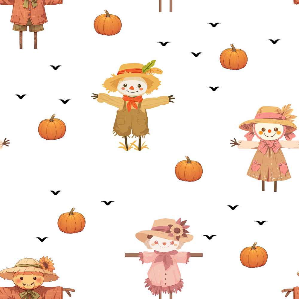 Cute Autumn Scarecrow Pumpkins Flying Birds Grey Decorative