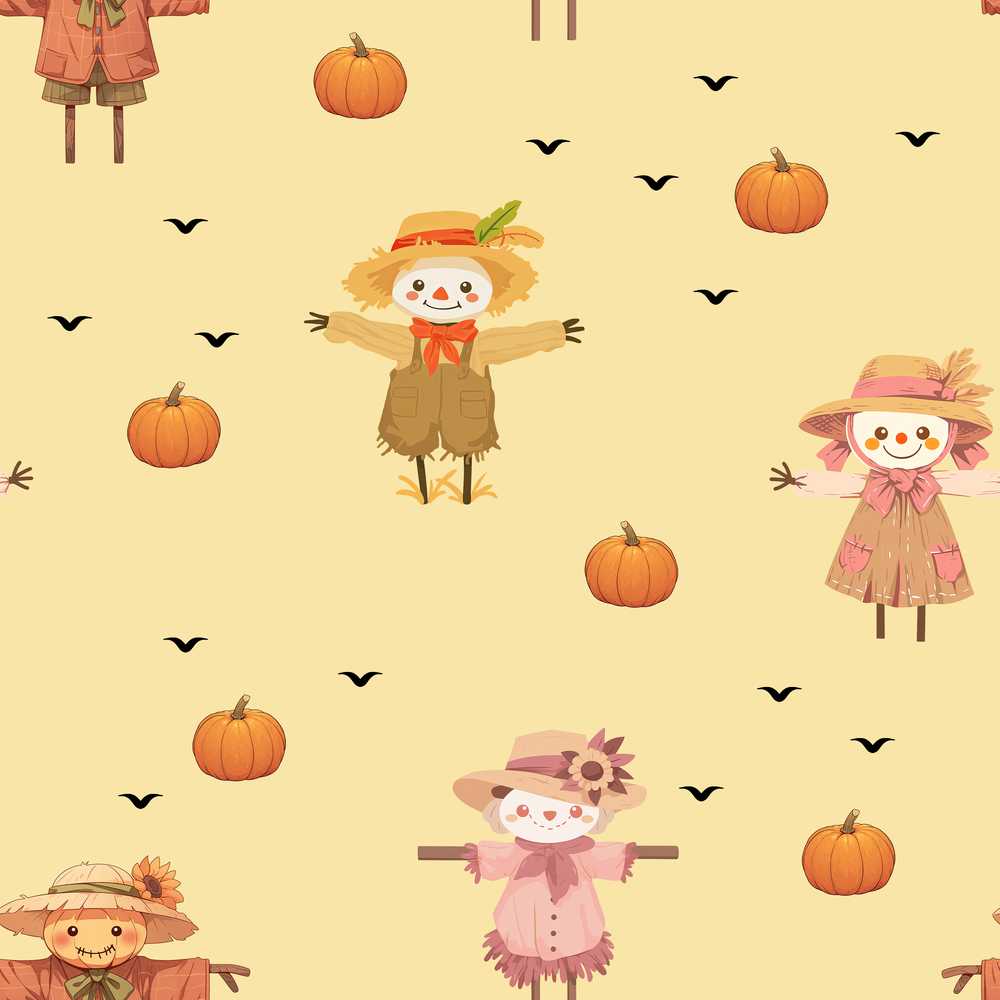 Cute Autumn Scarecrow Pumpkins Flying Birds Yellow Decorative