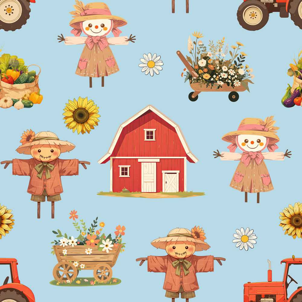 Cute Autumn Farm Barn Scarecrow Sunflower Floral Blue Wildflower