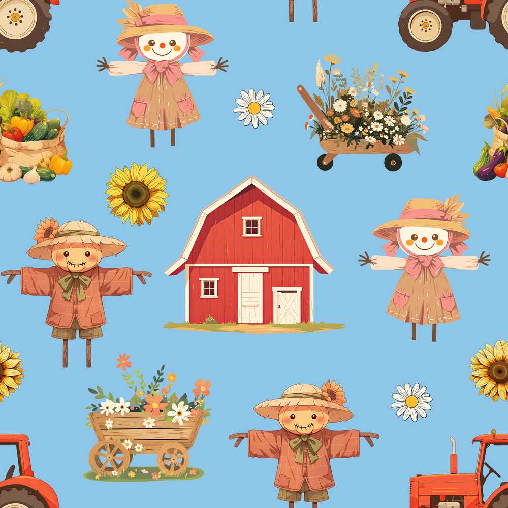 Cute Autumn Farm Barn Scarecrow Sunflower Floral Sky Wildflower