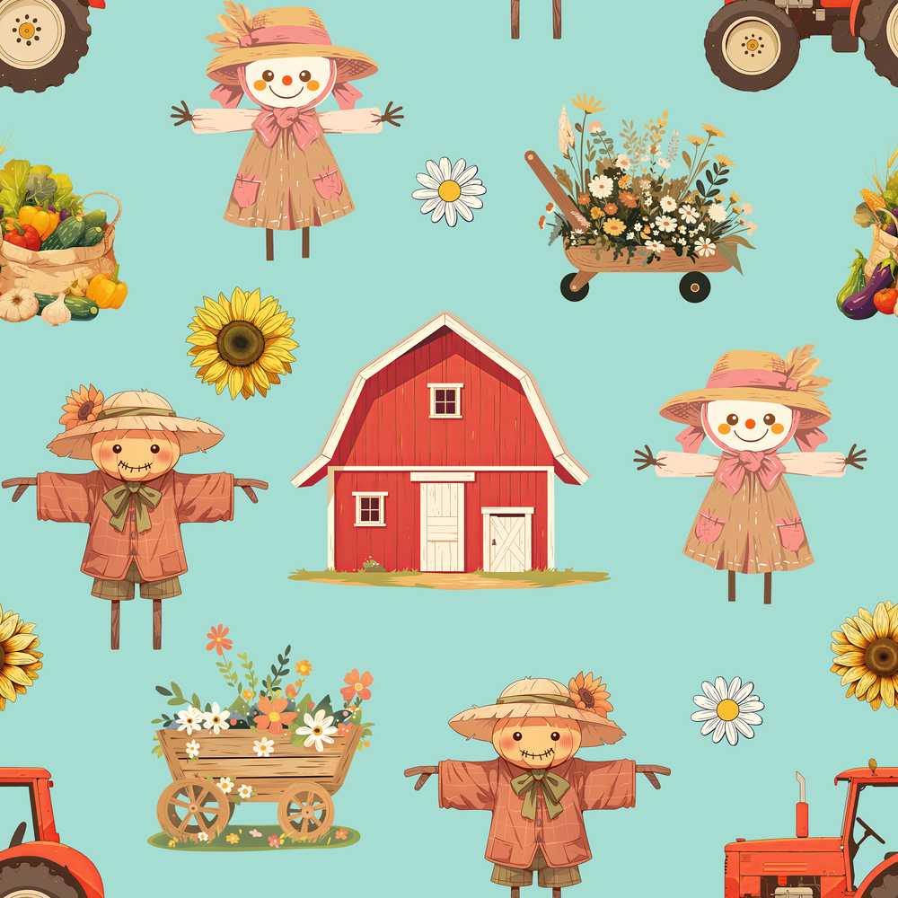 Cute Autumn Farm Barn Scarecrow Sunflower Floral Teal Wildflower