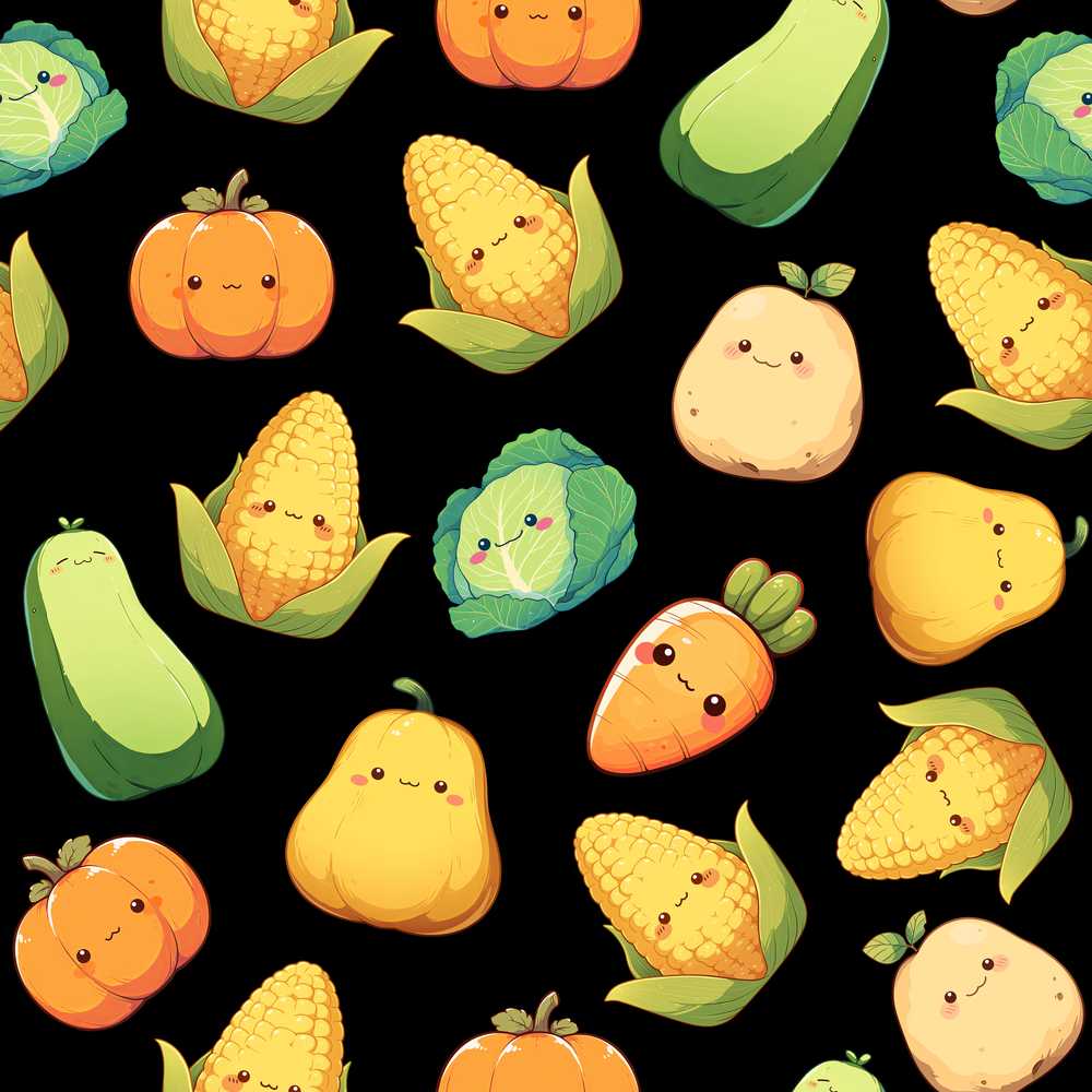 Cute Kawaii Autumn Vegetables Corn Pumpkin Carrot Black