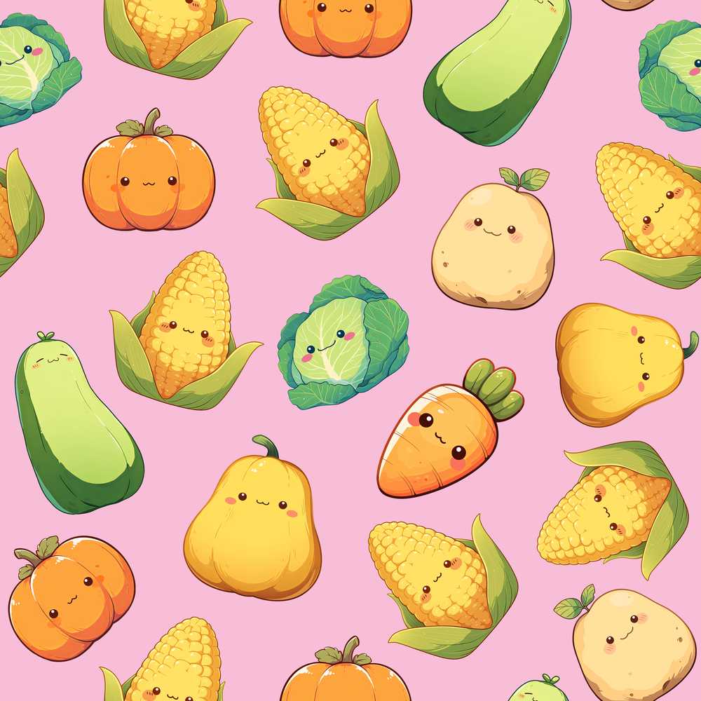 Cute Kawaii Autumn Vegetables Corn Pumpkin Carrot Pink