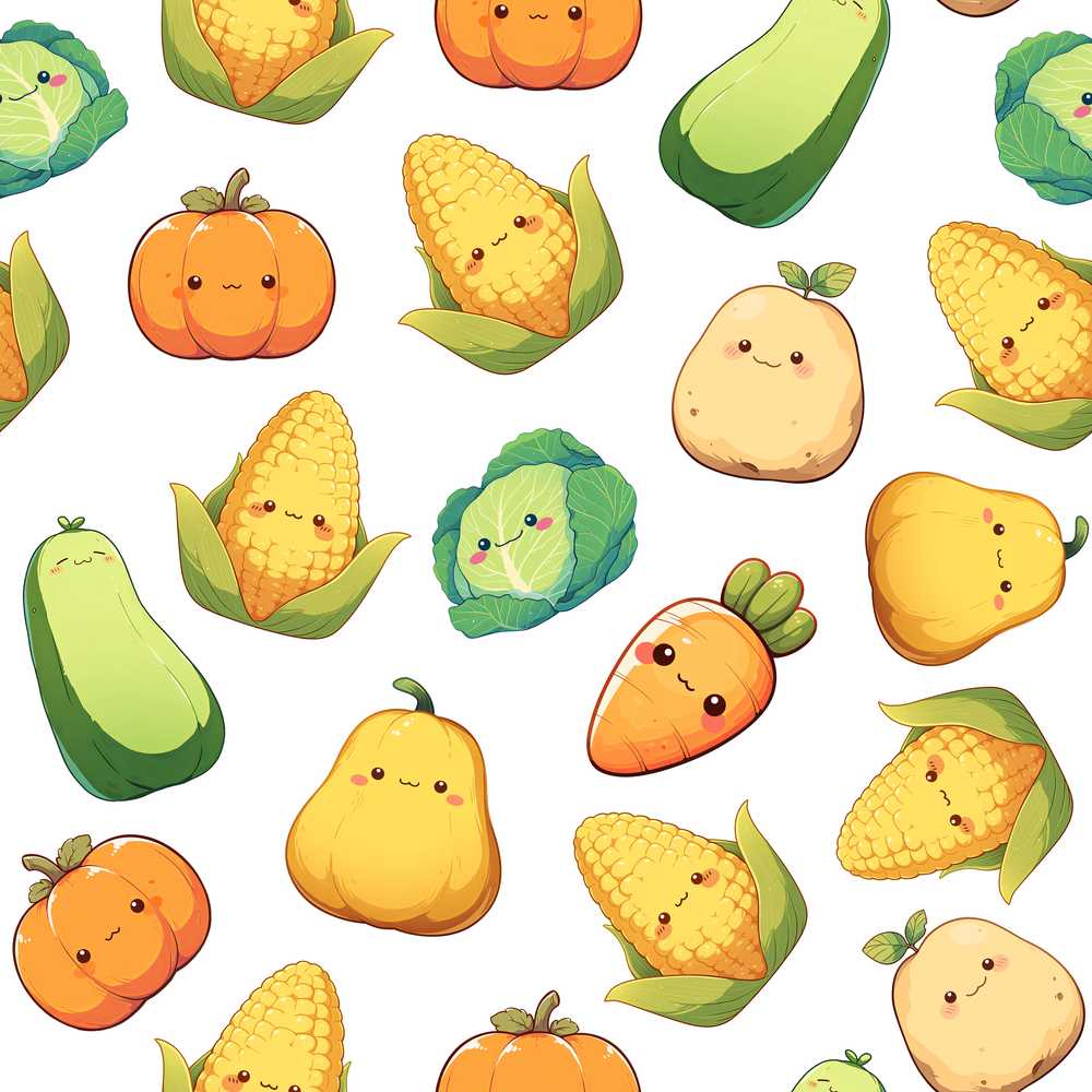 Cute Kawaii Autumn Vegetables Corn Pumpkin Carrot Grey