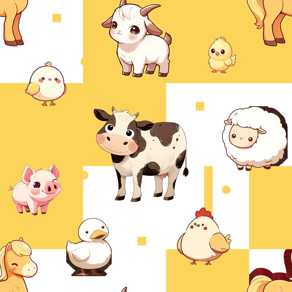 Cute Farm Animals Cow Pig Goat Chicken Duck Sheep Yellow