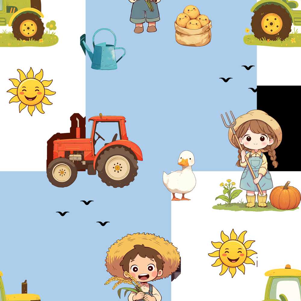 Cute Farm Tractor Farmer Girl Duck Sun Clouds