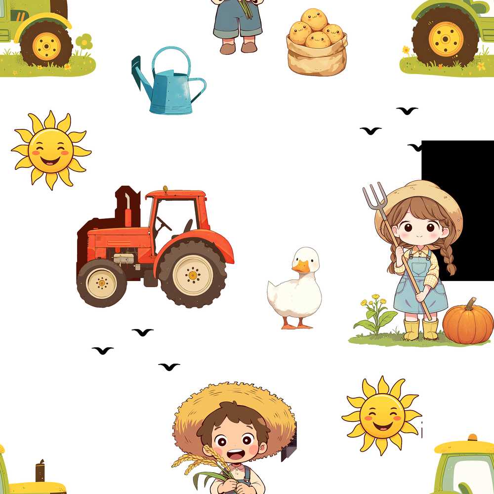 Cute Farm Tractor Farmer Girl Duck Sun Scene