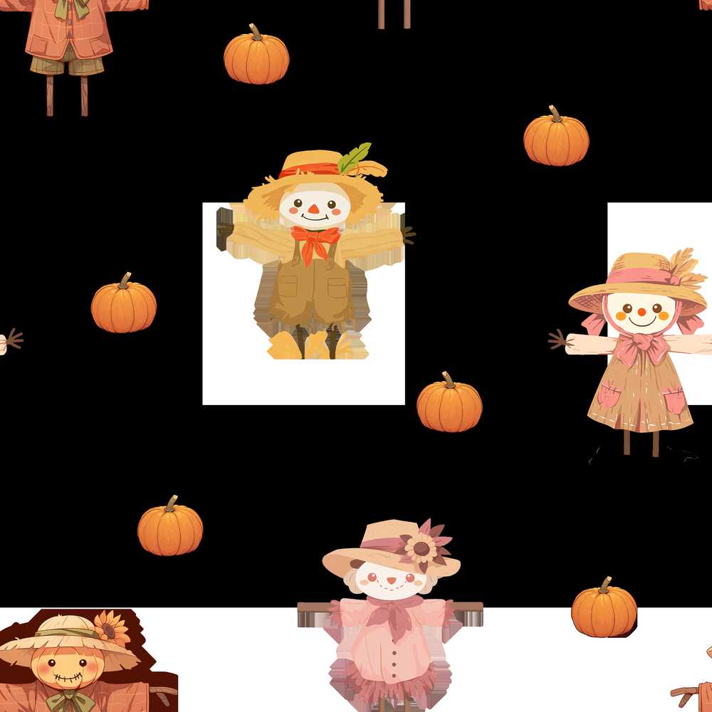 Cute Autumn Scarecrow Pumpkin Birds Spooky Seasonal Pattern