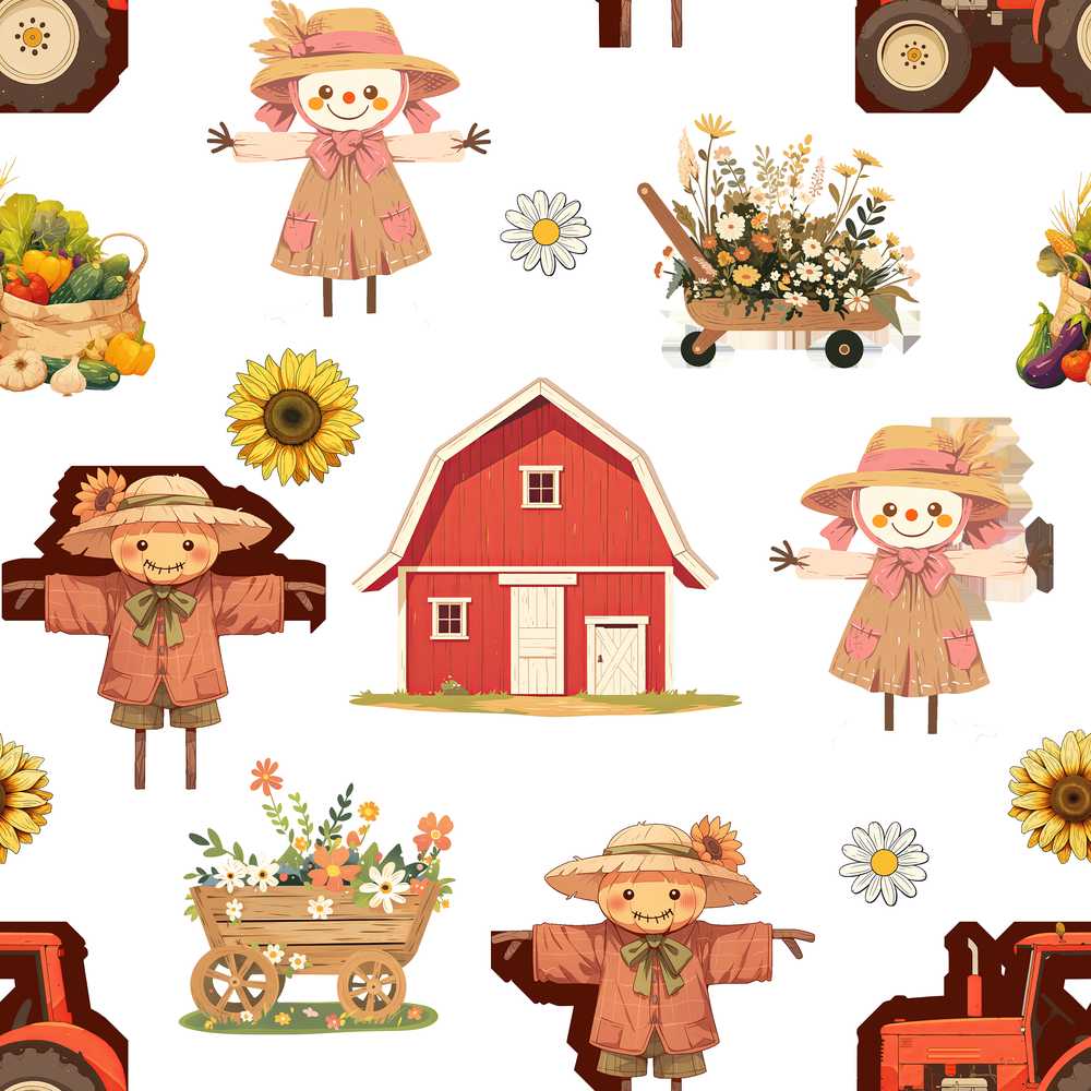 Cute Farm Barn Scarecrow Sunflower Flowers Wildflower Pattern Botanical