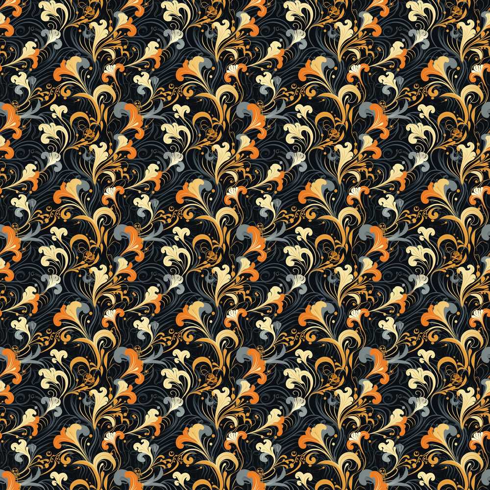 Elegant Orange Gold Floral Vine Dark Background Wildflower Pattern