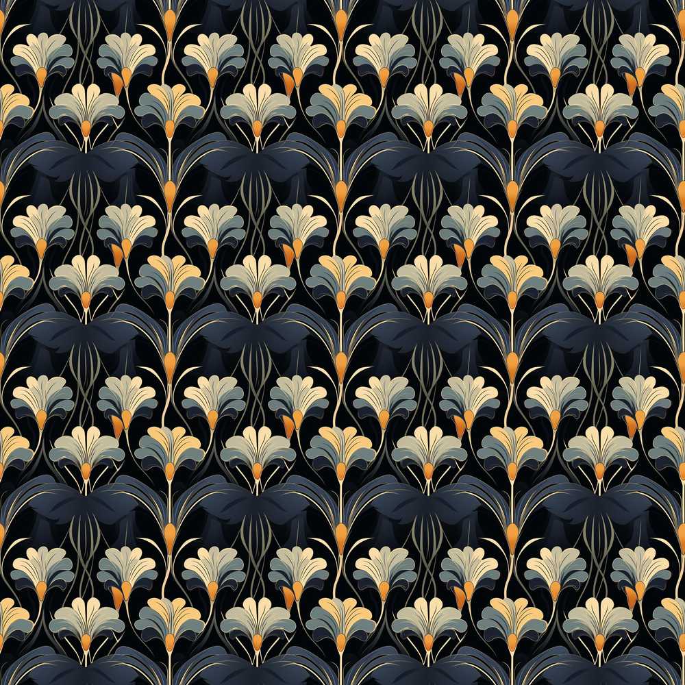 Art Deco Fan Floral Blue Gold Wildflower Pattern Botanical