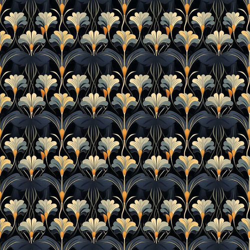 Art Deco Fan Floral Blue Gold Wildflower Pattern Botanical