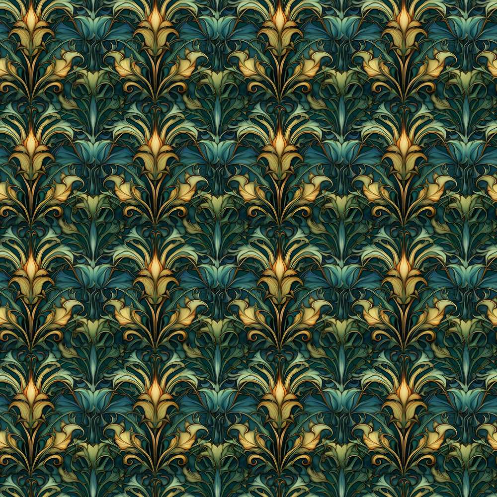 Art Nouveau Teal Gold Botanical Wildflower Pattern
