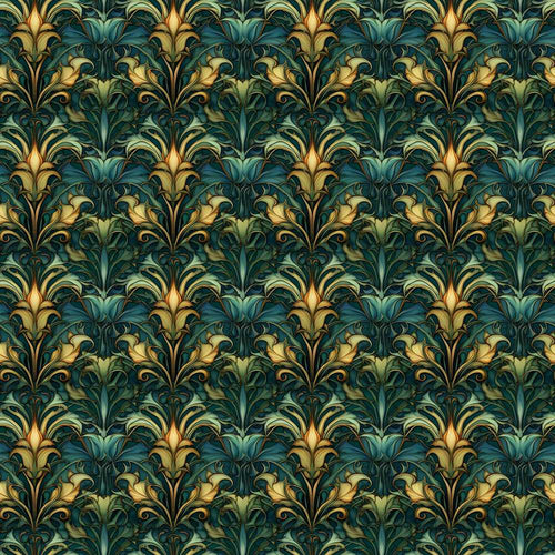 Art Nouveau Teal Gold Botanical Wildflower Pattern