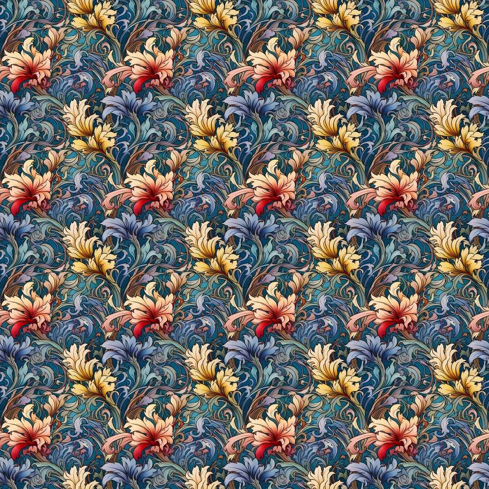 Vintage Blue Red Floral Swirl Art Nouveau Wildflower Pattern