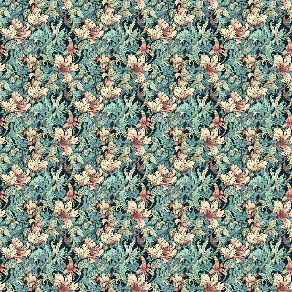Soft Teal Pink Floral Vine Classic Wildflower Pattern Botanical
